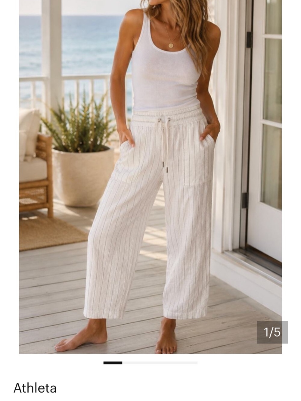 Athleta White Pinstripe Cropped Drawstring Pants
